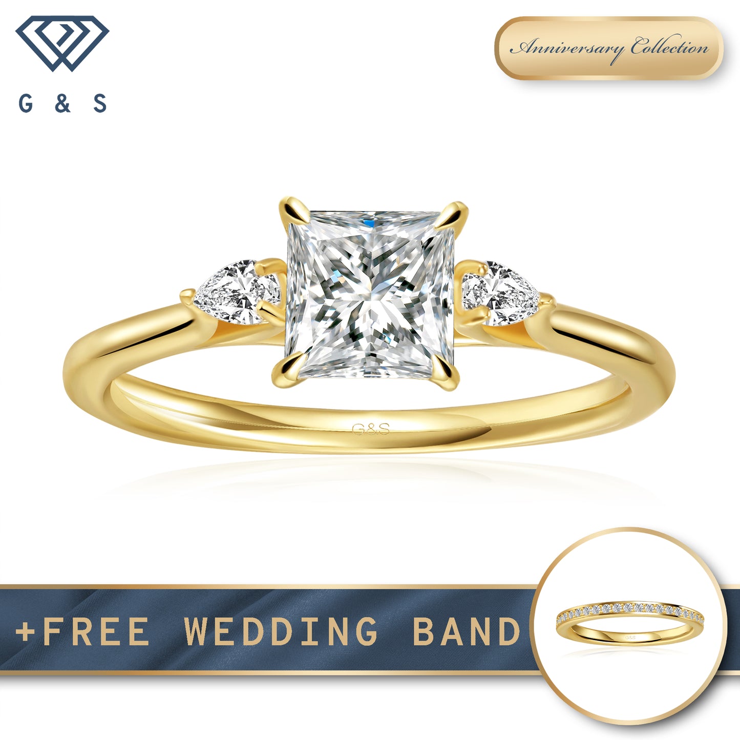 Infinite Love Trilogy Princess Cut Moissanite Engagement Ring - 18ct Yellow Gold Plated