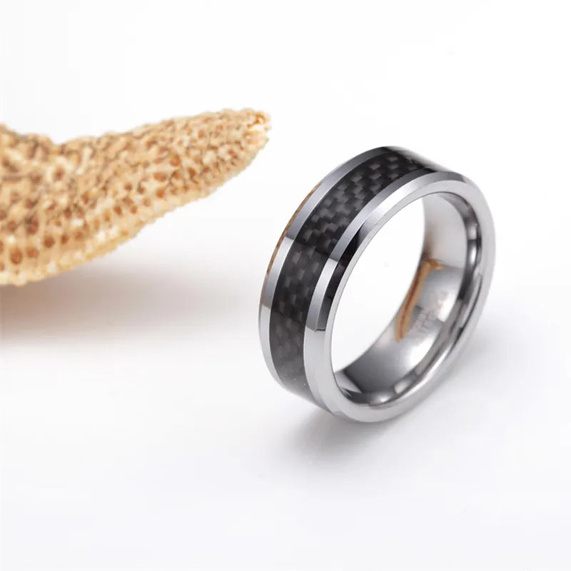 Carbon Fiber Inlay Silver Tungsten Carbide Ring