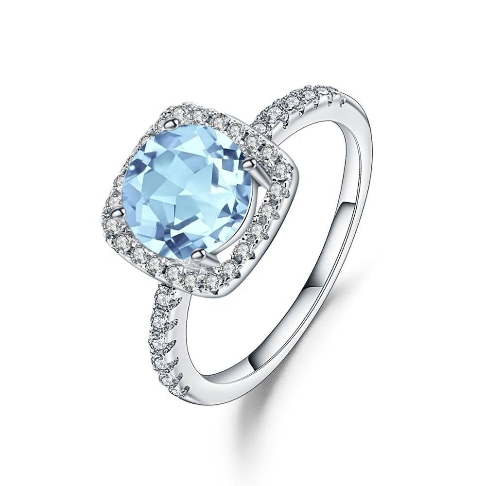 Classic Blue Topaz Halo Ring - Round Brilliant Cut