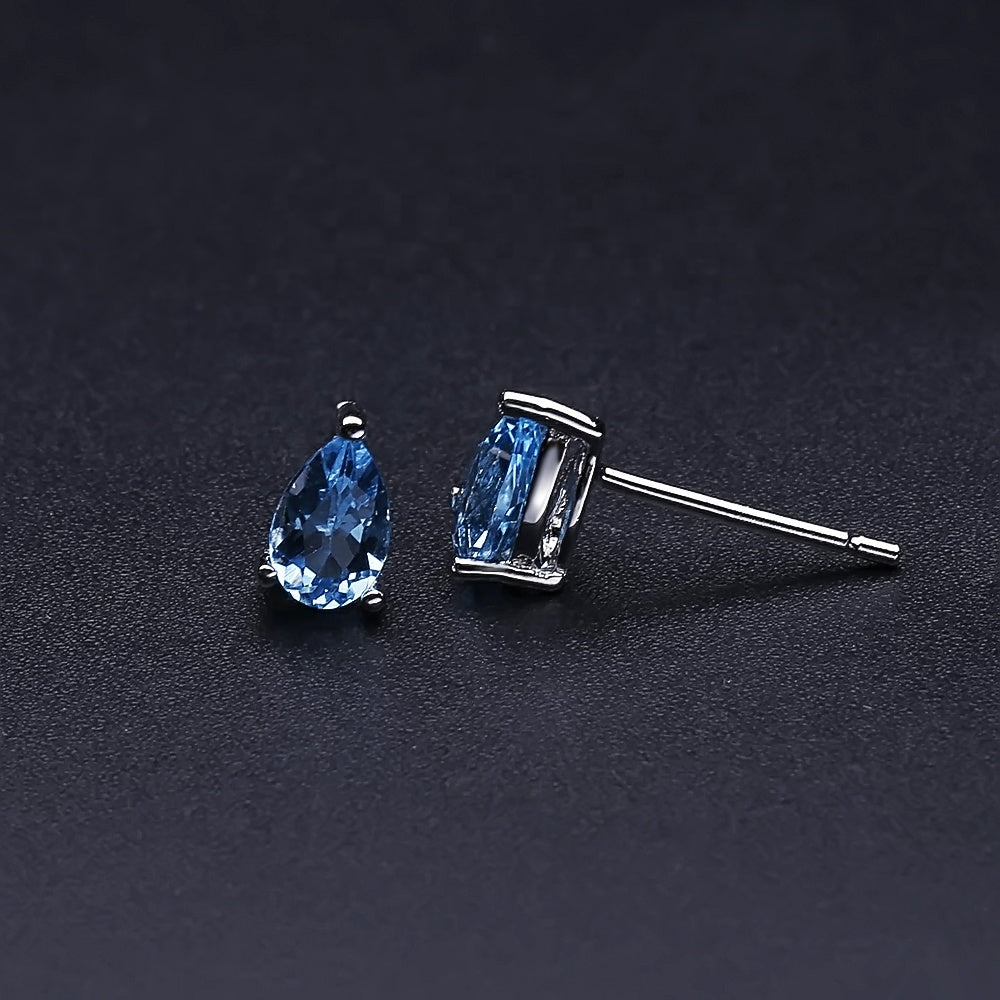Swiss Blue Topaz Solitaire Earrings - Pear Shape