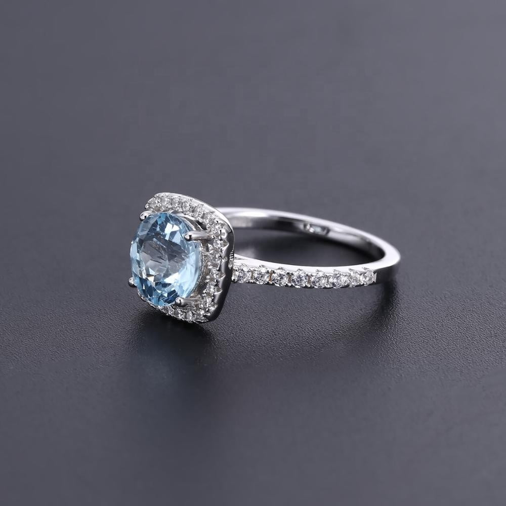 Classic Blue Topaz Halo Ring - Round Brilliant Cut