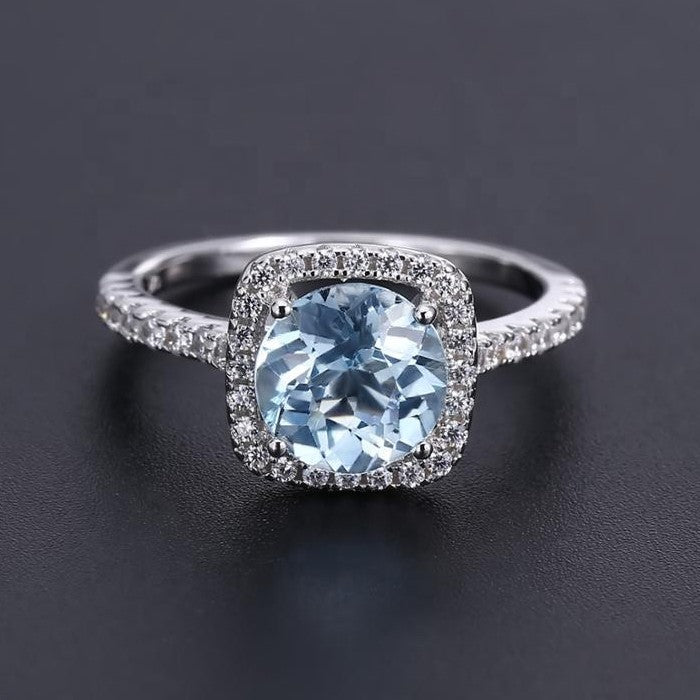 Classic Blue Topaz Halo Ring - Round Brilliant Cut