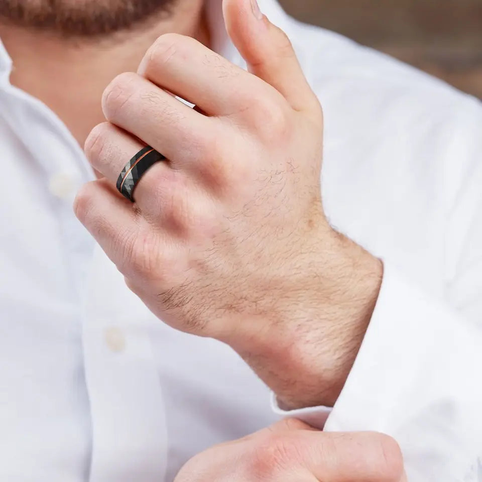 Hammered Finish Rose Tungsten Carbide Grooved Ring Gems And Stuff   HammeredFinishWithRoseGoldGrooveTungstenCarbideRing 2.webp