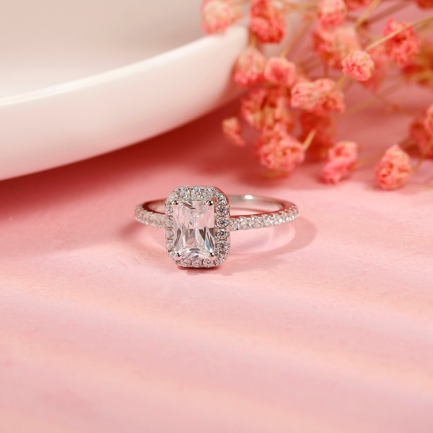 Emerald Cut Halo 1.00ct Moissanite Engagement Ring Set in Sterling Silver - Black Friday