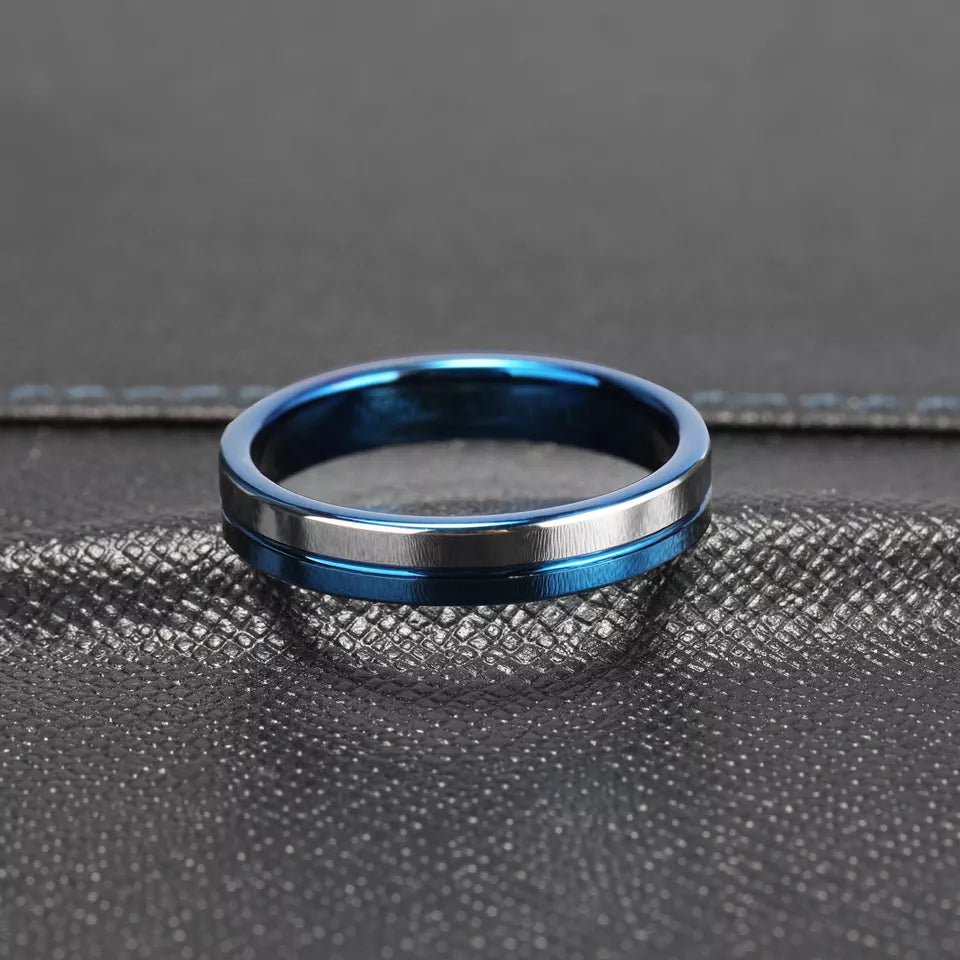 Two Tone Silver and Blue Tungsten Carbide Ring